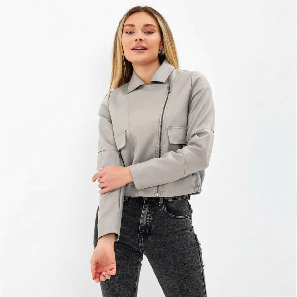 Damen cropped Kunstlederjacke mit praktischen Taschen und modernem Schnitt R&B