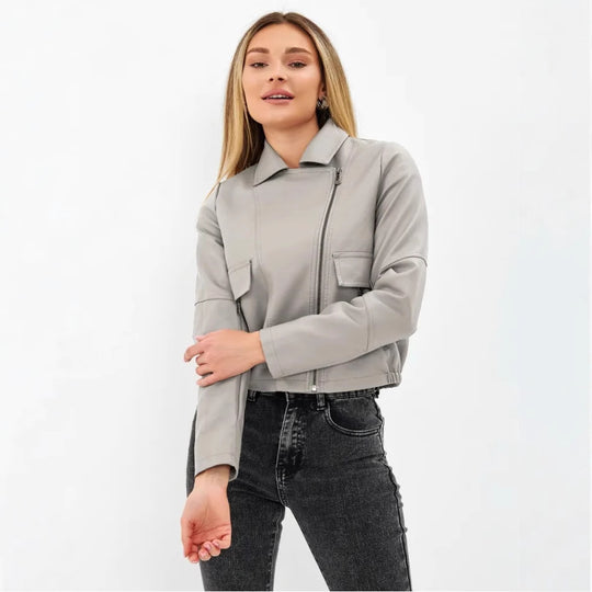 Damen cropped Kunstlederjacke mit praktischen Taschen und modernem Schnitt R&B