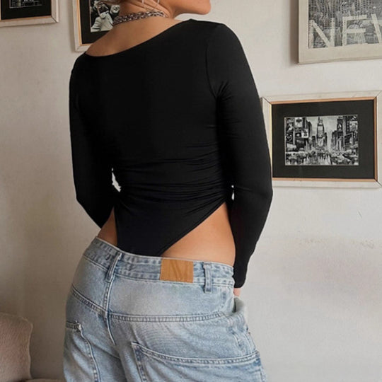 Damen Eleganter langärmeliger Bodysuit mit gerafften Seitenteilen und tiefem Ausschnitt R&B