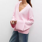 Damen Strickpullover mit tiefem V-Ausschnitt und lässigem Schnitt R&B