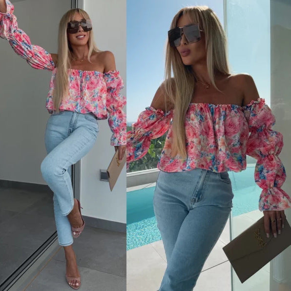 Damen Off-Shoulder Bluse mit Rüschendetails und floralen Mustern R&B