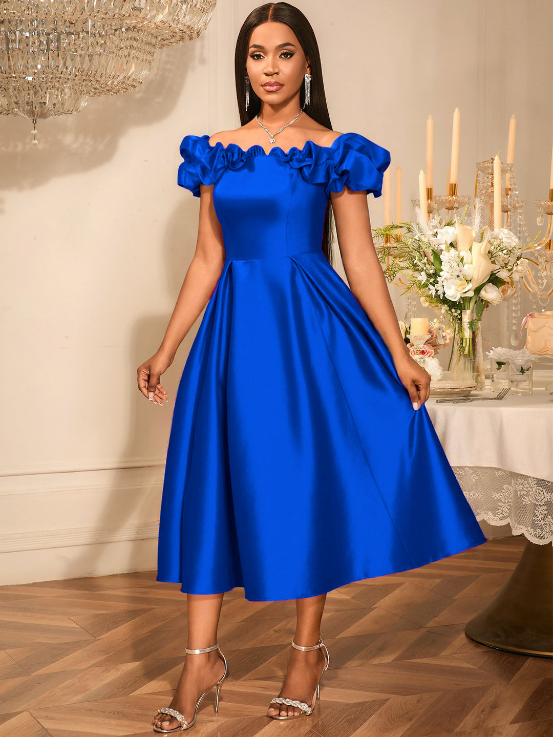 Damen Midi-Party Kleid mit schulterfreiem Design und voluminösen Rüschen R&B