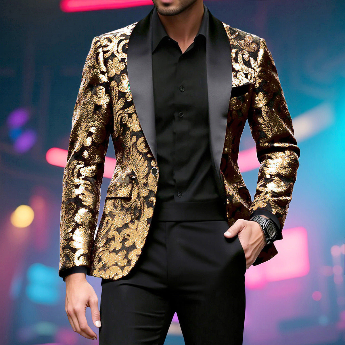 Herren glamouröser Pailletten-Blazer mit floralem Design und elegantem Schnitt R&B
