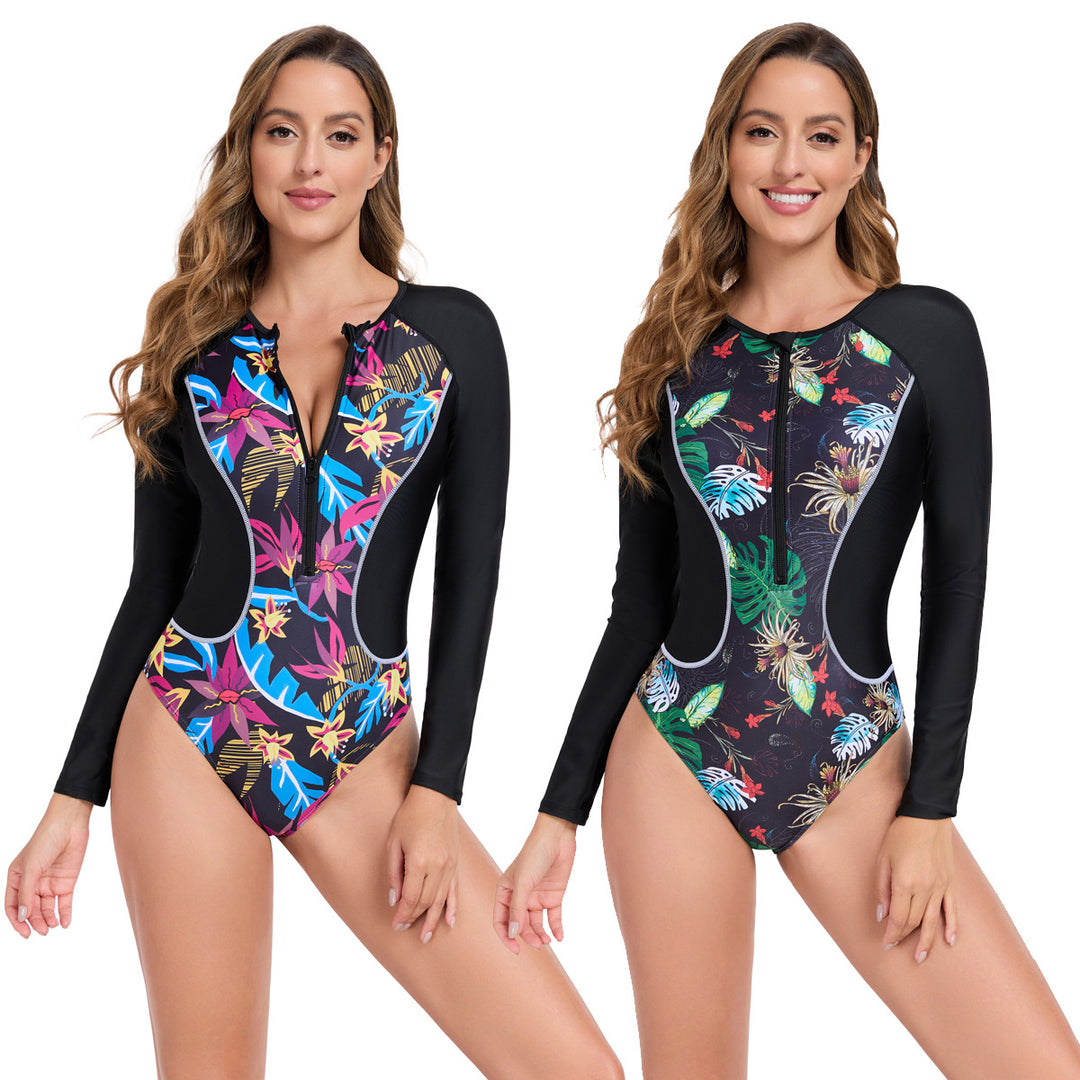 Damen Rashguard mit langem Arm und buntem Pflanzenmuster R&B