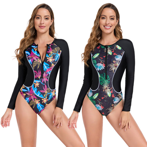 Damen Rashguard mit langem Arm und buntem Pflanzenmuster R&B
