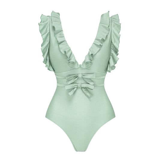 Damen Badeanzug mit voluminösen Rüschen und elegantem Maxirock R&B