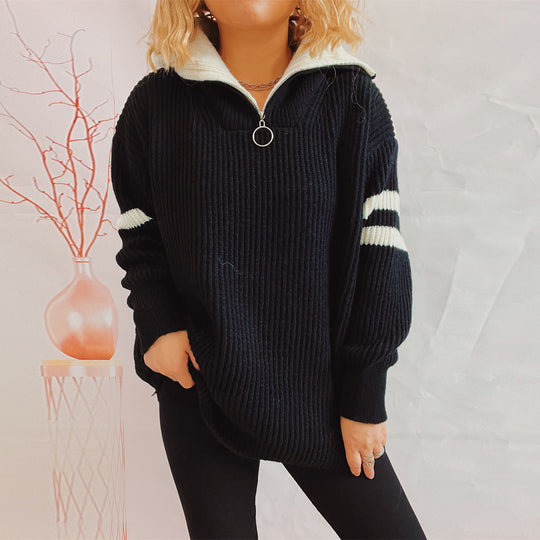 Damen lässiger Pullover im sportlichen Stil mit Stehkragen und Reißverschluss R&B
