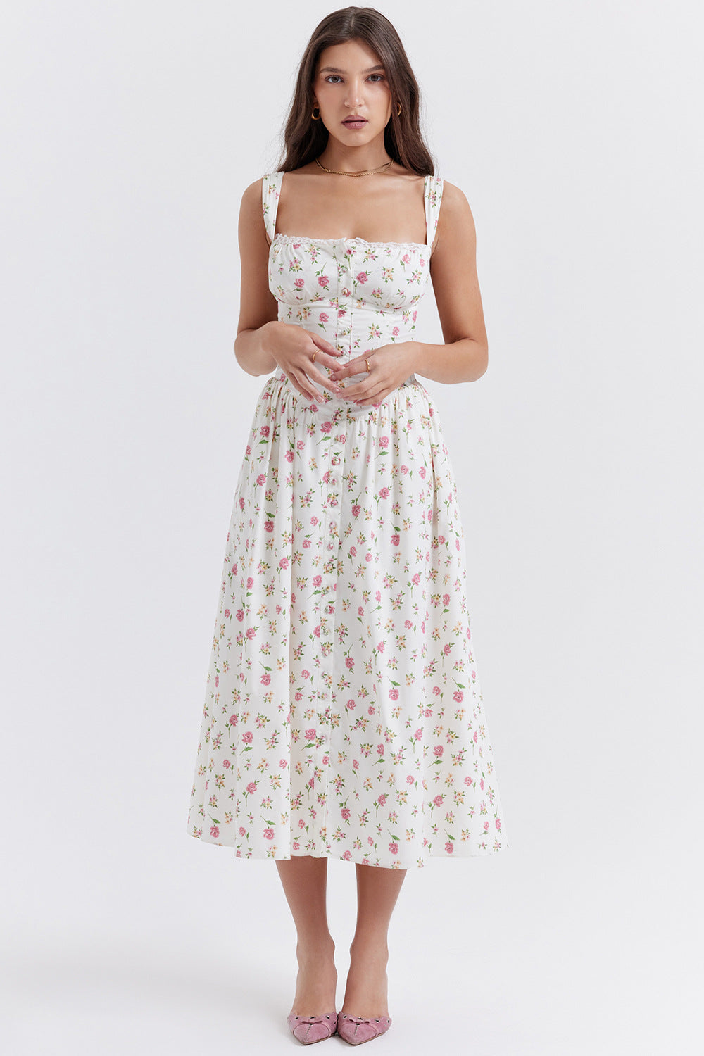 Damen Sommerliches Maxikleid mit floralen Einsätzen und tailliertem Oberteil R&B