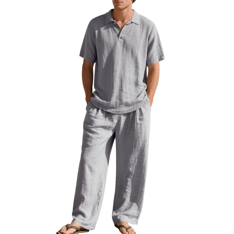 Herren nan luftiges Leinen-Ensemble mit Polokragen und regulierbarer Bundhose R&B