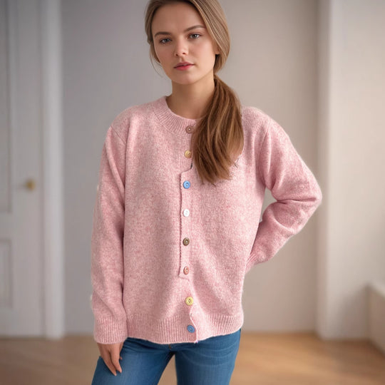 Damen kuschelige Strickjacke mit bunten Knopfdetails R&B