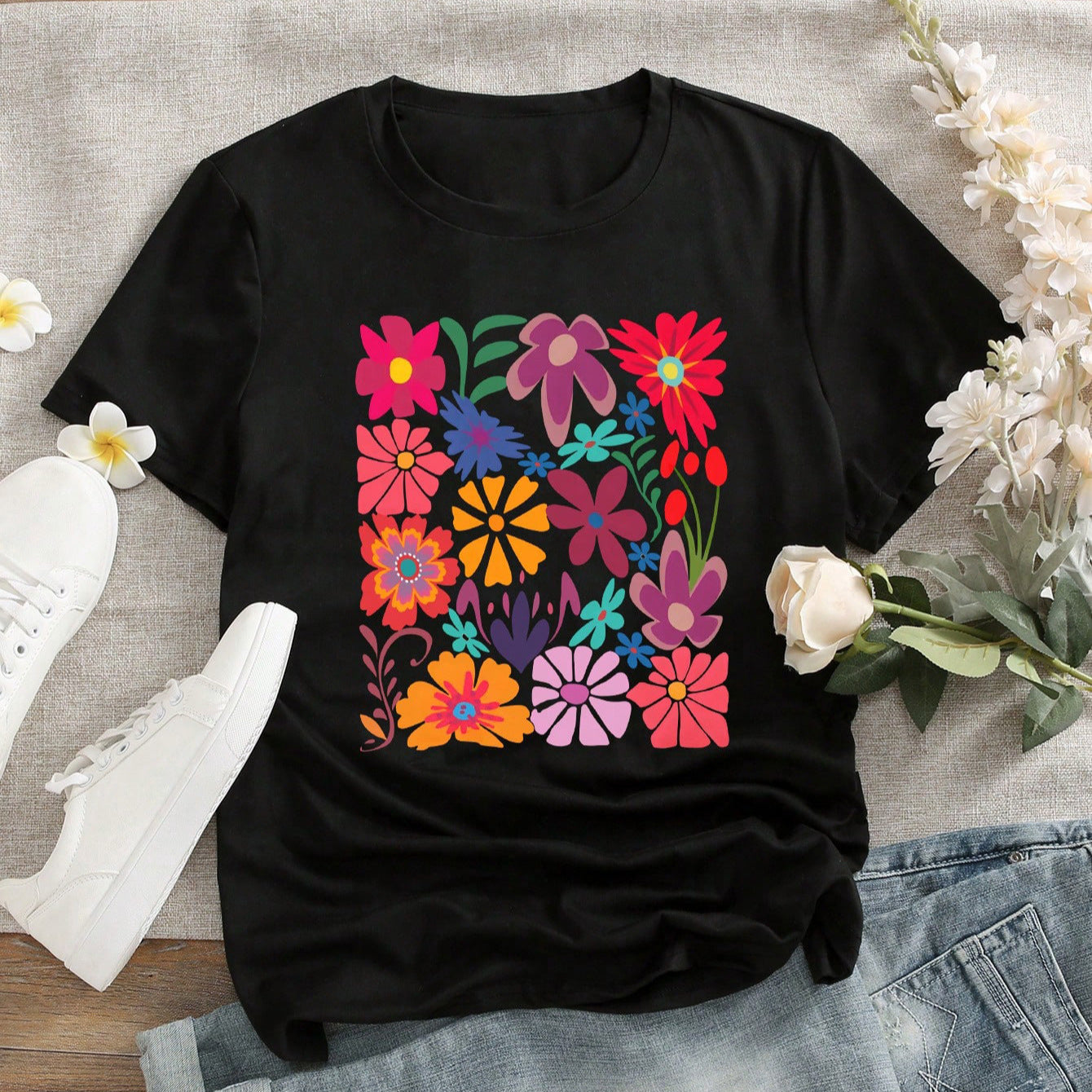 Damen T-Shirt mit buntem Blumenprint R&B