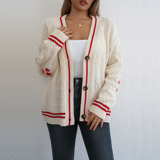 Damen Strickjacke mit Zopfdetails und Kontraststreifen R&B