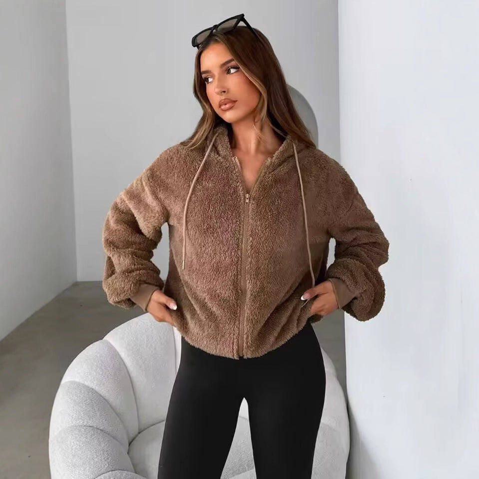 Damen Teddy-Fleecejacke mit Kapuze und elastischen Bündchen R&B