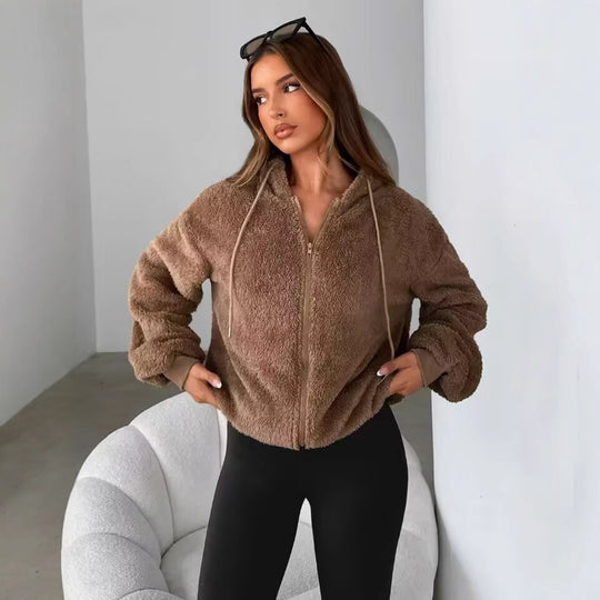 Damen Teddy-Fleecejacke mit Kapuze und elastischen Bündchen R&B