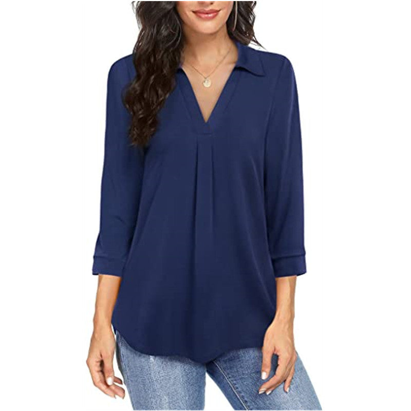 Damen Blusenshirt mit V-Ausschnitt und verkürzten Ärmeln R&B