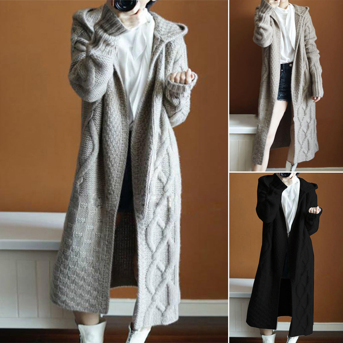 Damen Strickmantel mit Kapuze und strukturiertem Zopfdesign R&B