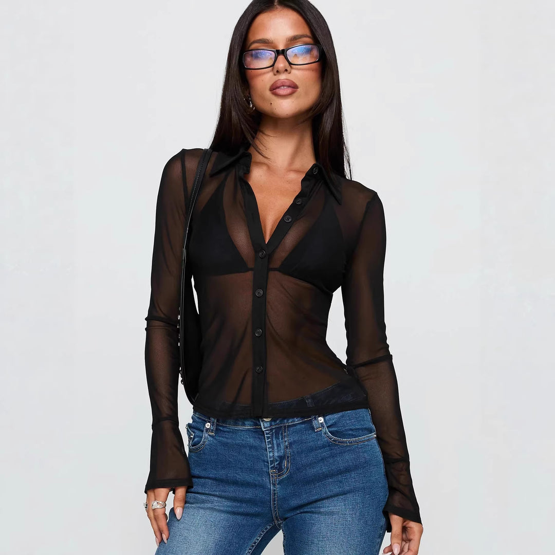 Damen Transparente Bluse mit sexy Design und feinen Knopfdetails R&B