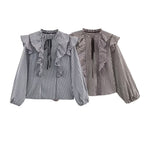 Damen Rüschenshirt mit klassischen Karomuster und eleganten BindR&Bändern R&B
