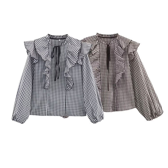 Damen Rüschenshirt mit klassischen Karomuster und eleganten Bindebändern R&B