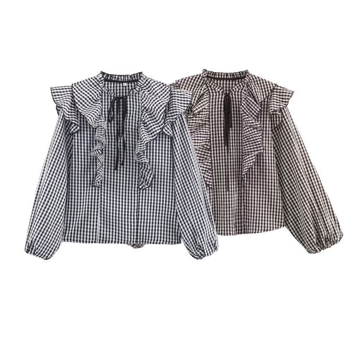 Damen Rüschenshirt mit klassischen Karomuster und eleganten Bindebändern R&B