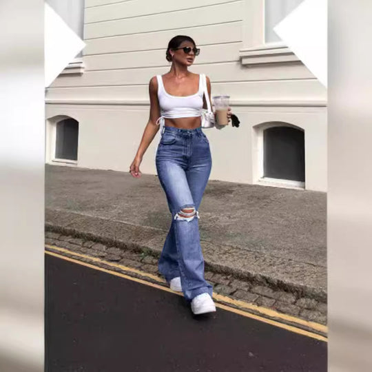 Damen Vintage Schlagjeans mit modischen Rissdetails und hohem Bund R&B