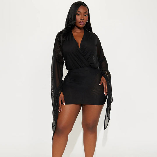 Damen Wickelkleid mit transparenten Ärmeln R&B