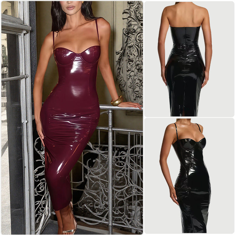 Damen Bodycon-Kleid mit trägerlosem Design und glänzender Oberfläche R&B