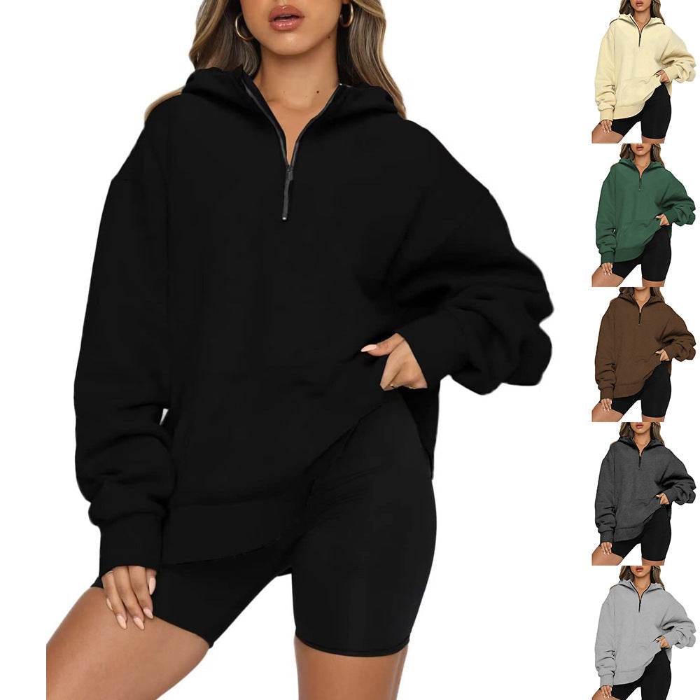 Damen Oversize Kapuzenpullover mit halbem Reißverschluss R&B
