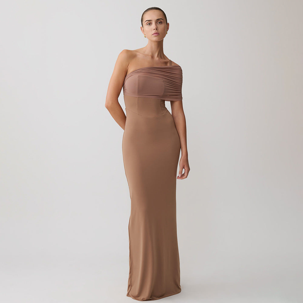 Damen Elegantes und figurbetontes Maxikleid mit einem Schulterdesign und sanften Raffungseffekten R&B