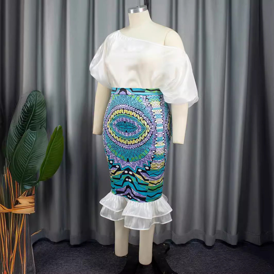 Damen Elegantes Kleid mit asymmetrischem Design und buntem Print R&B