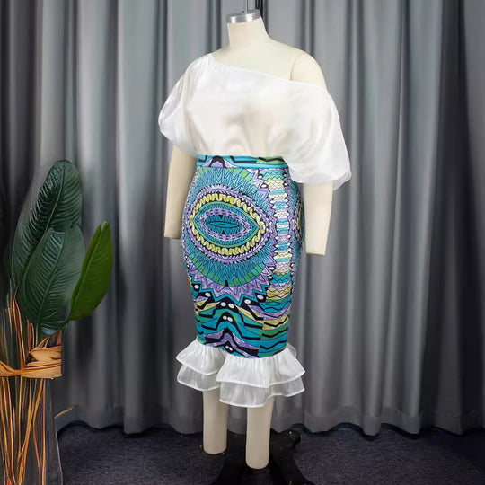 Damen Elegantes Kleid mit asymmetrischem Design und buntem Print R&B