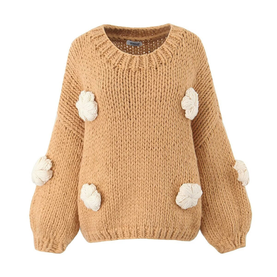 Damen gepunkteter Strickpullover mit voluminösen Ärmeln und floralem Design R&B