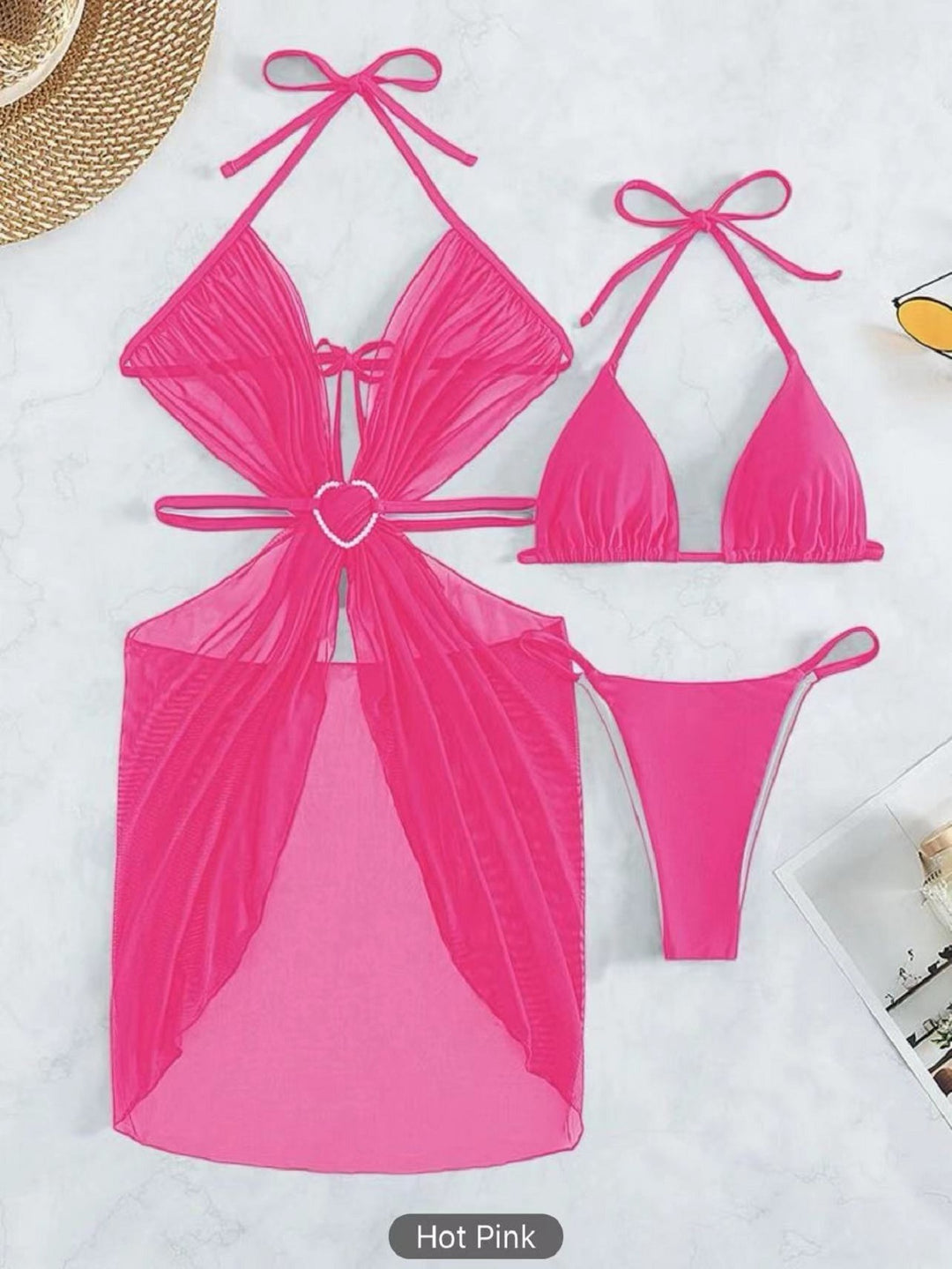 Damen Bikini-Set mit verspieltem Herzdesign und transparentem Überwurf R&B