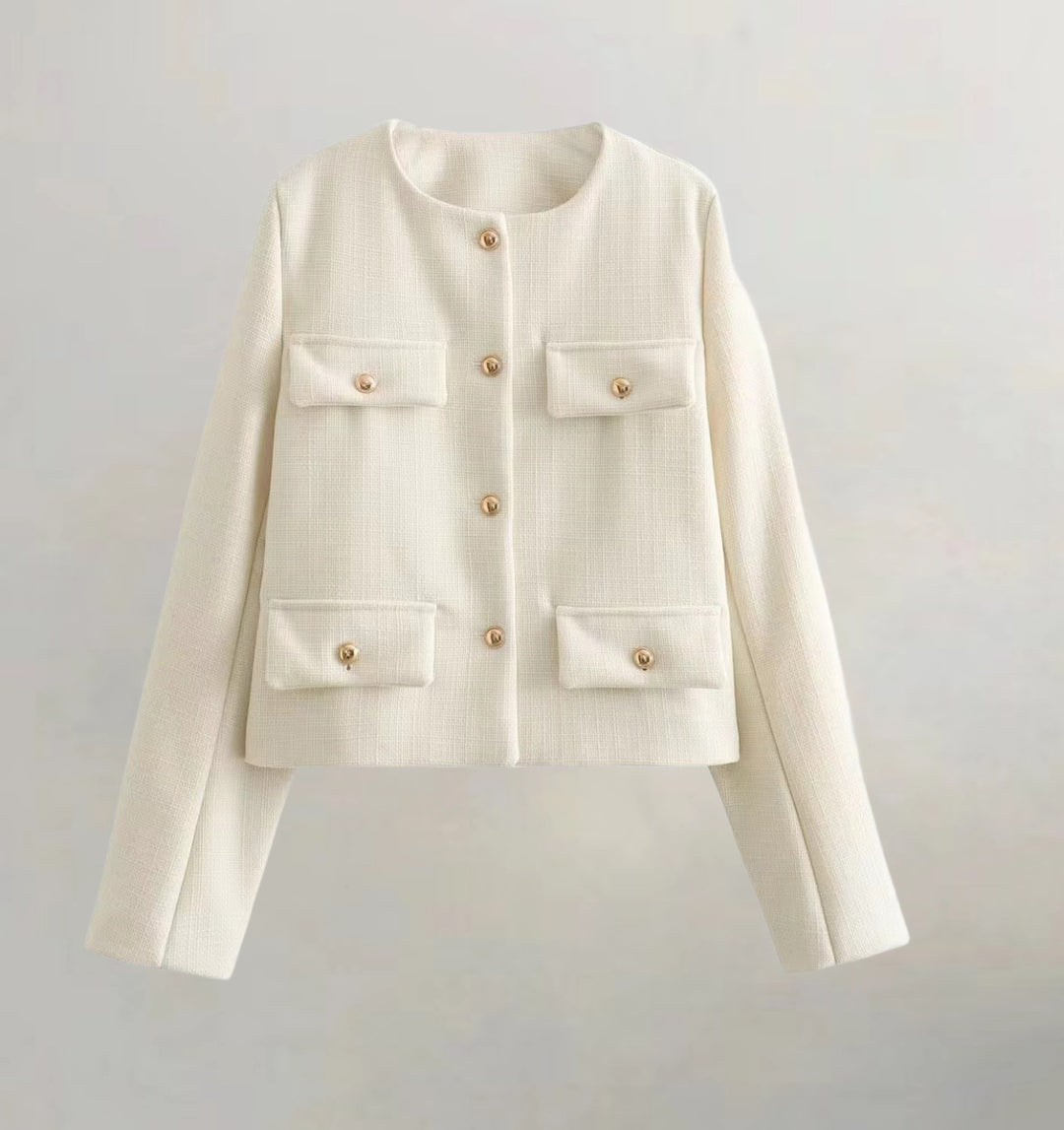 Damen kurzärmlige Utility-Jacke mit aufgesetzten Taschen und dekorativen Knöpfen R&B