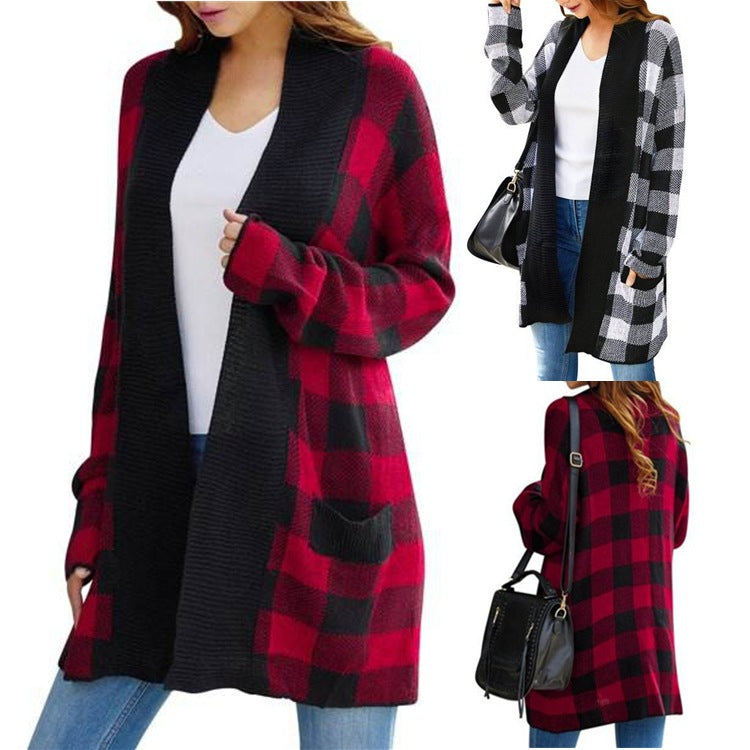 Damen Langarm Strickjacke mit kariertem Muster und offenem Design