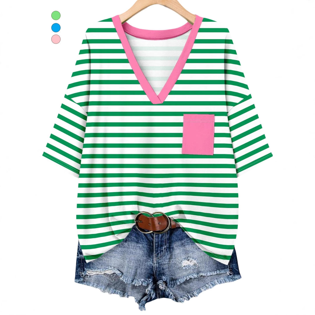 Damen lässiges V-Neck T-Shirt mit Streifen-Design R&B