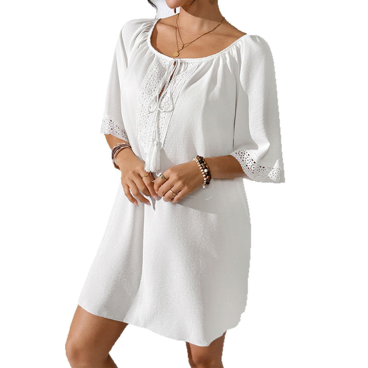 Damen Häkelstrandkleid mit elegantem V-Ausschnitt und luftigen Ärmeln R&B