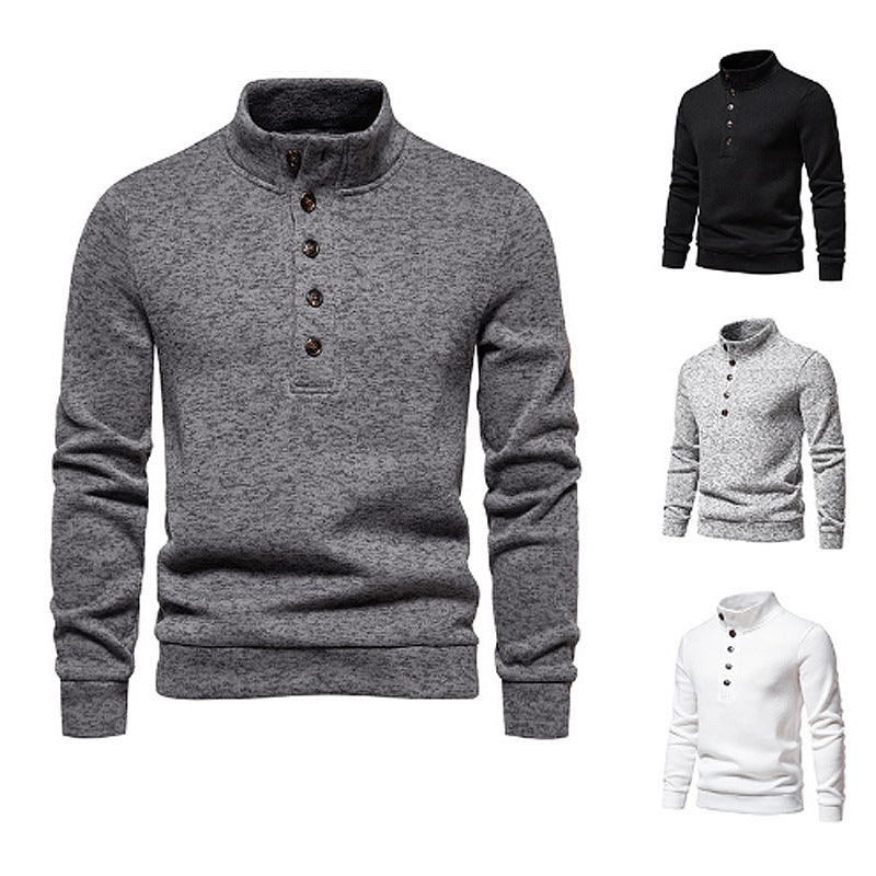 Herren gemütlicher Langarmpullover mit Knopfleiste und Stehkragen R&B
