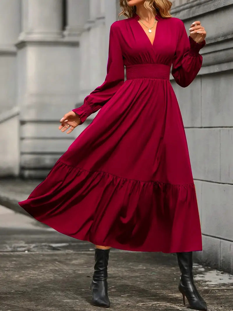 Damen Maxikleid mit elegantem V-Ausschnitt und voluminösen Ärmeln R&B