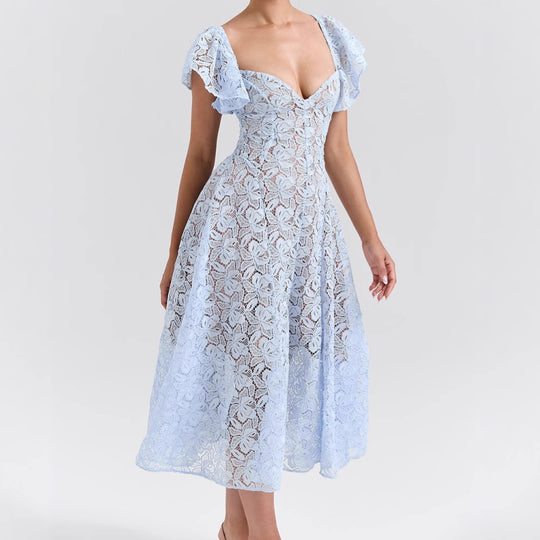 Damen Spitzenkleid mit voluminösen Rüschärmeln und ausgestelltem Rock R&B