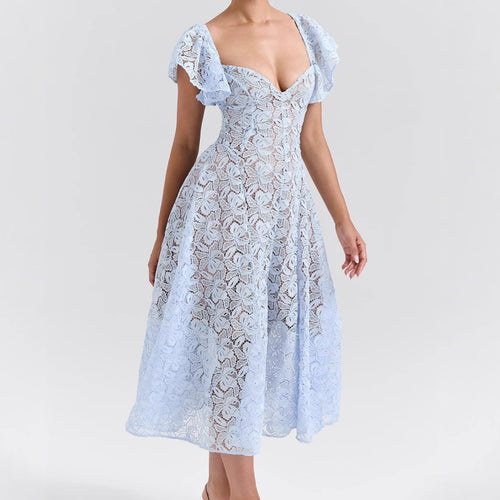 Damen Spitzenkleid mit voluminösen Rüschärmeln und ausgestelltem Rock R&B