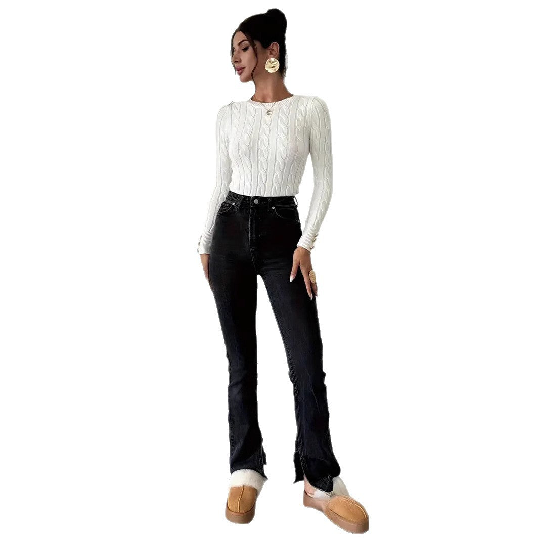Damen Grobstrick Pullover mit dekorativen Knopfdetails R&B