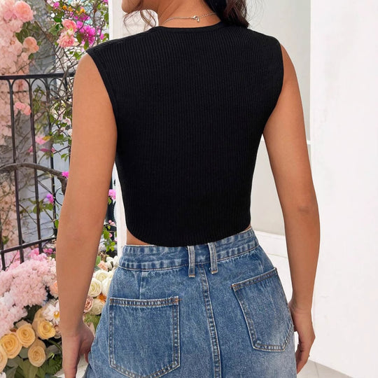 Damen figurbetontes Ripp-Crop-Top mit V-Ausschnitt und breiten Trägern R&B