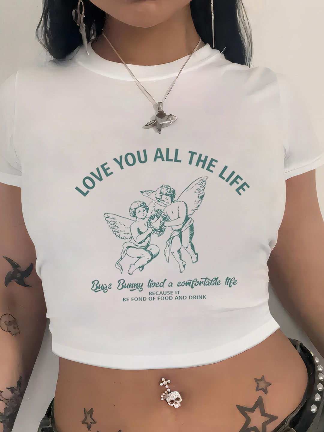 Damen Crop-T-Shirt mit modernem Grafiken-Aufdruck R&B