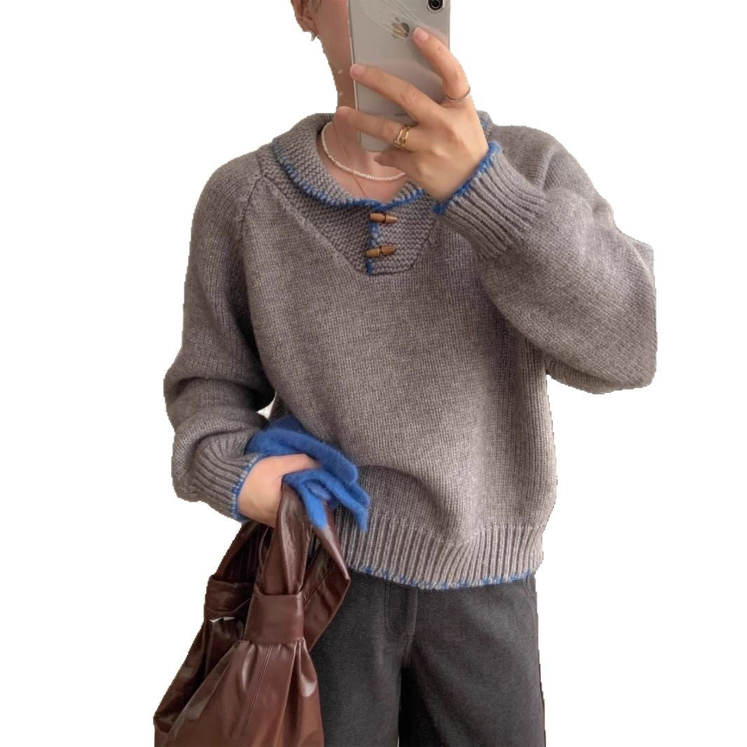 Damen lässiger Strickpullover mit einzigartigem Knopfdesign und Kontrastdetails R&B
