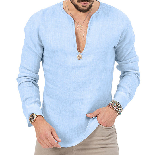 Herren Leichtes Leinenhemd mit tiefem V-Ausschnitt und langen Ärmeln Heidi-Mode