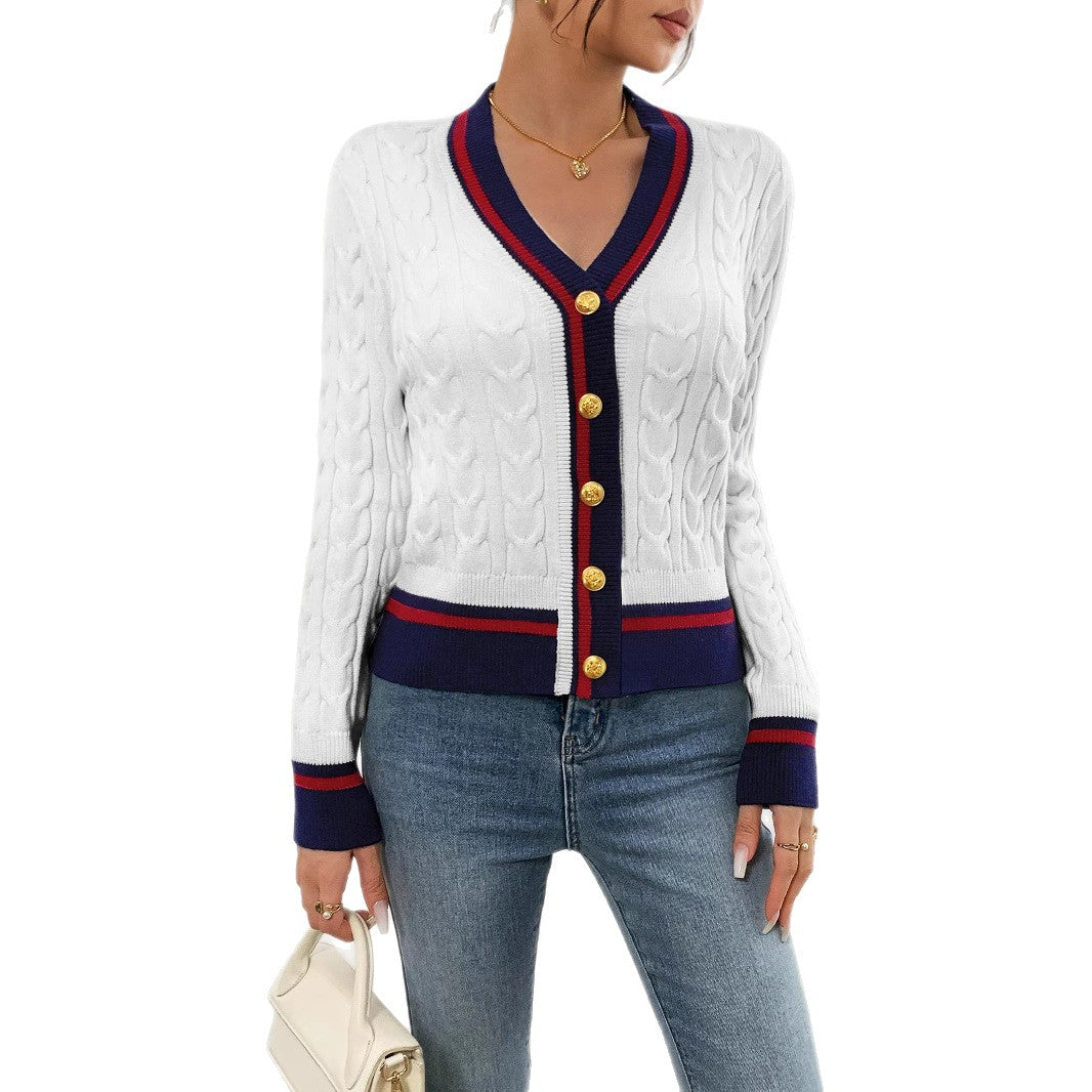 Damen modische Strickjacke mit strukturiertem Zopfdesign und Kontrastbündchen R&B