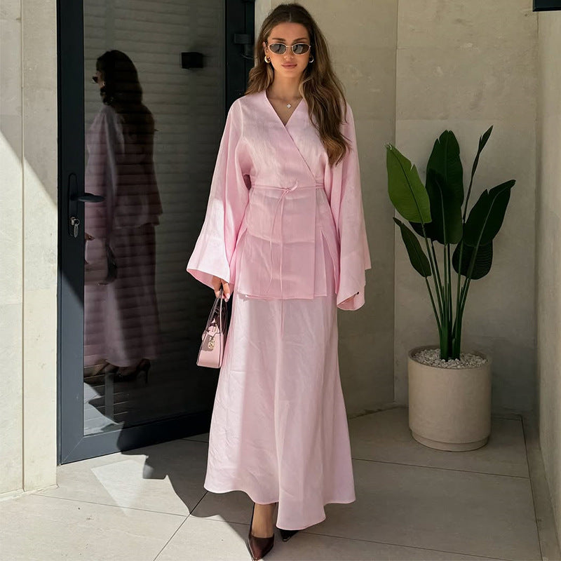 Damen elegantes Maxikleid aus satinierter Baumwolle R&B