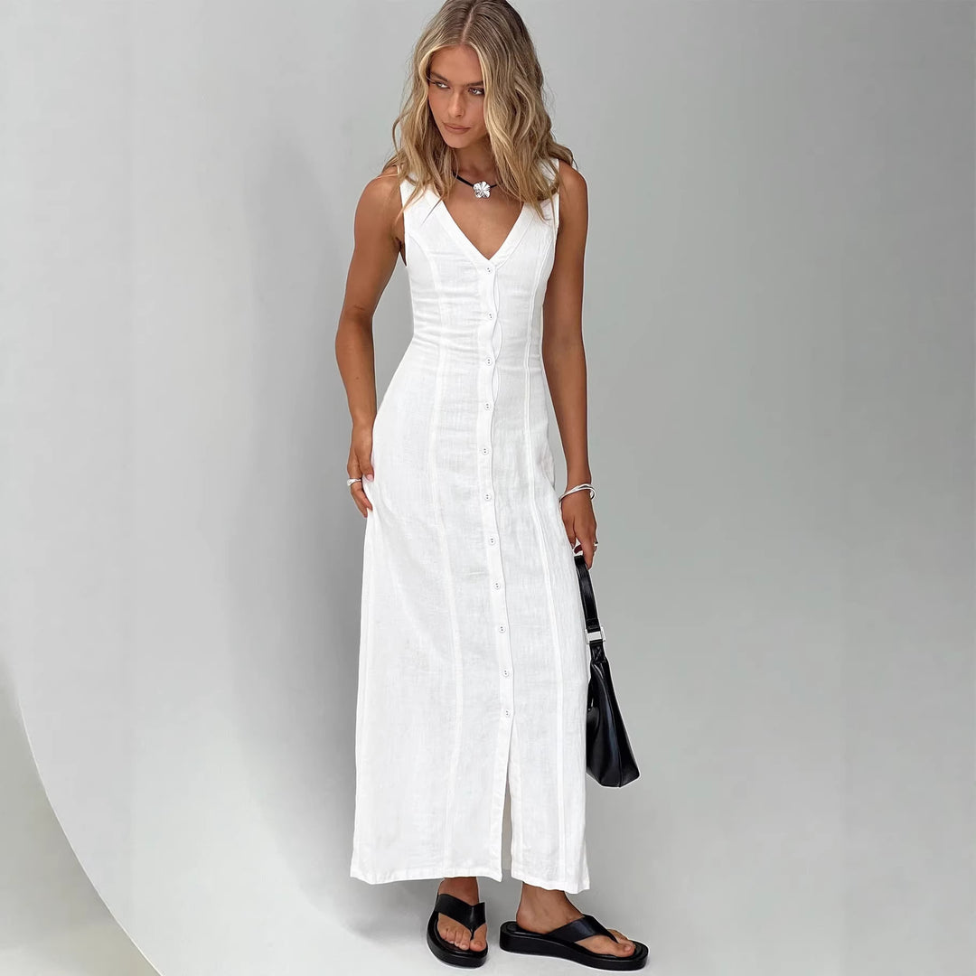 Damen Maxikleid mit knöpfbarem Ausschnitt und figurbetontem Schnitt R&B