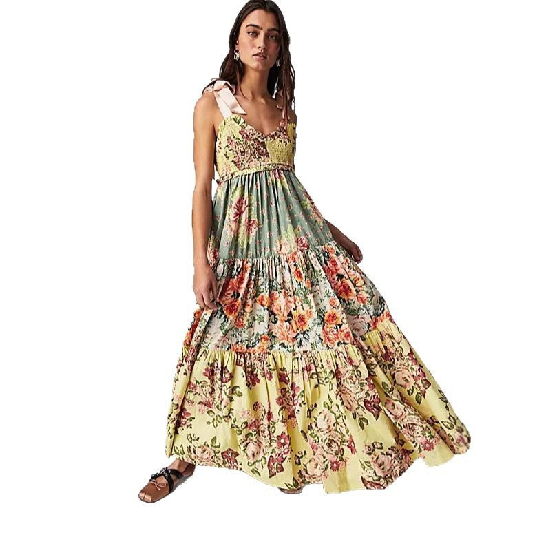 Damen Maxikleid mit floralen Mustern und voluminösem Rock R&B